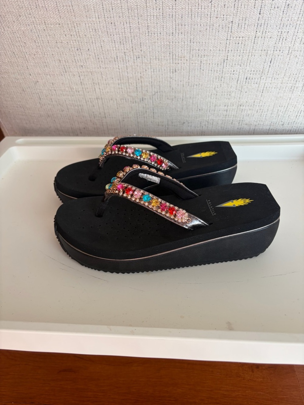 Volatile Black Platform Flip Flop Sandals with Multicolor Jewel Straps